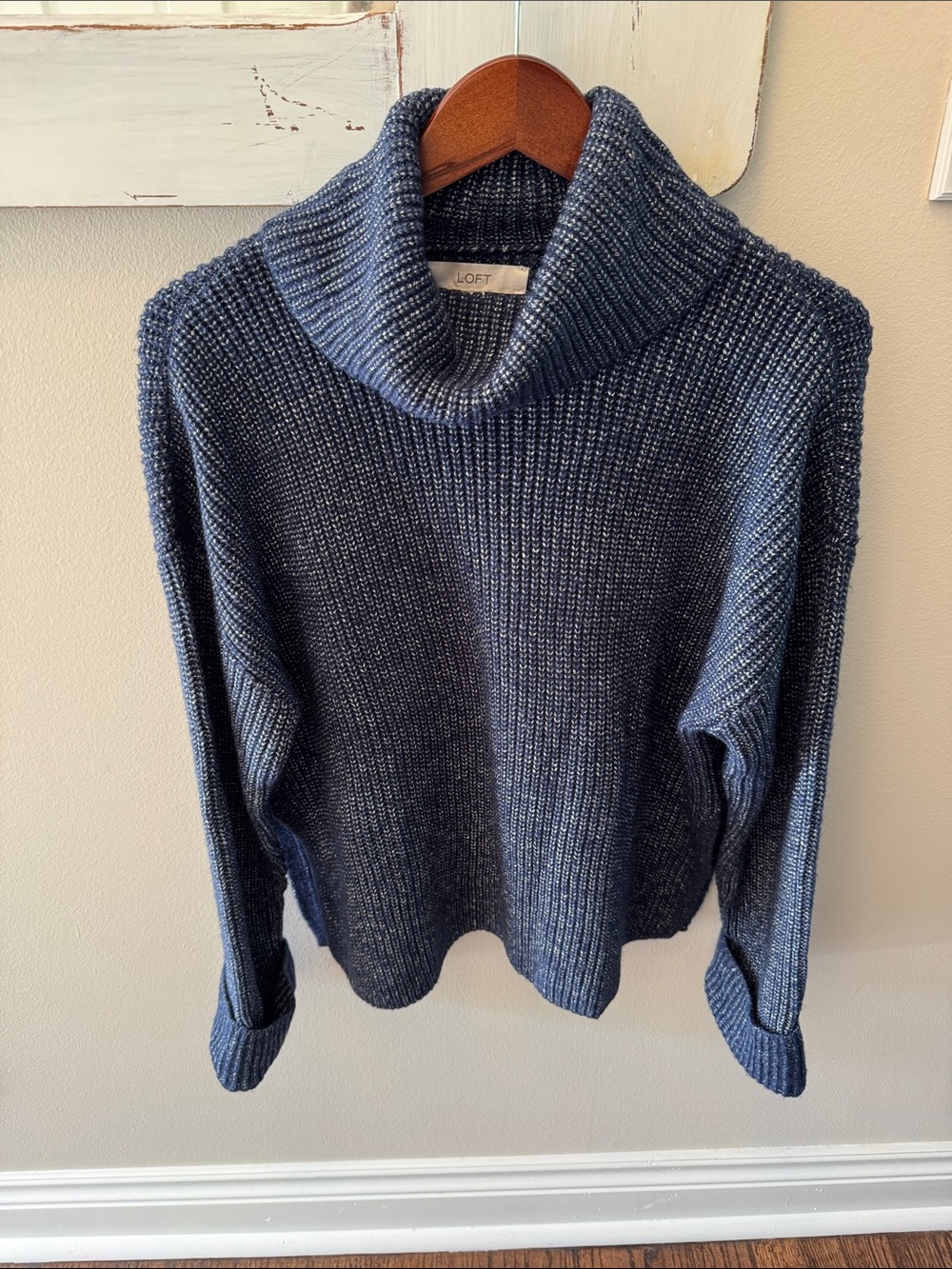 LOFT Navy Marled Cowl Neck Sweater